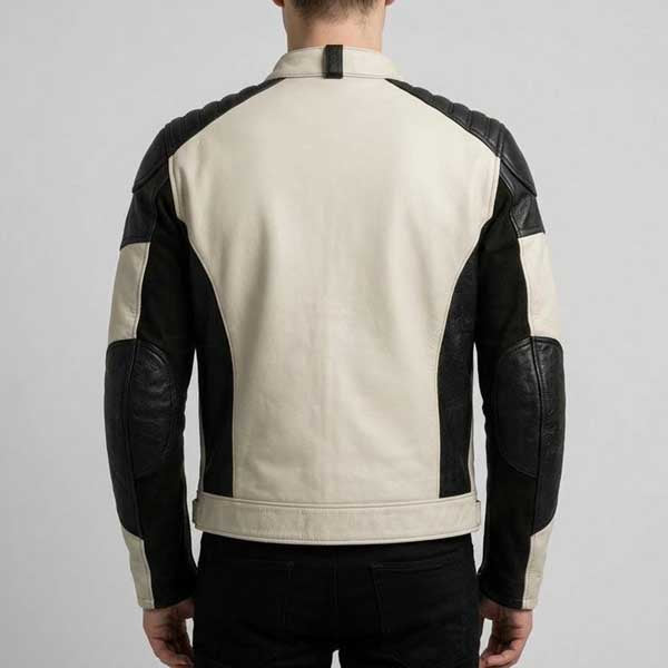Men Black & White Cafe Racer Leather Jacket