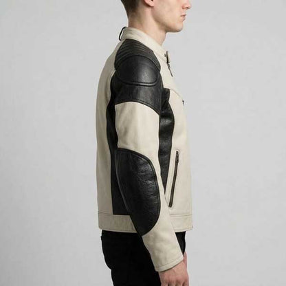 Men Black & White Cafe Racer Leather Jacket