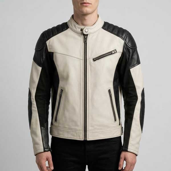 Men Black & White Cafe Racer Leather Jacket