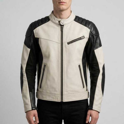 Men Black & White Cafe Racer Leather Jacket