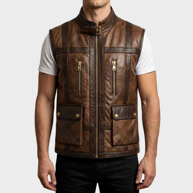 Front view of men cafe racer two tone brown leather vest with brass zipper