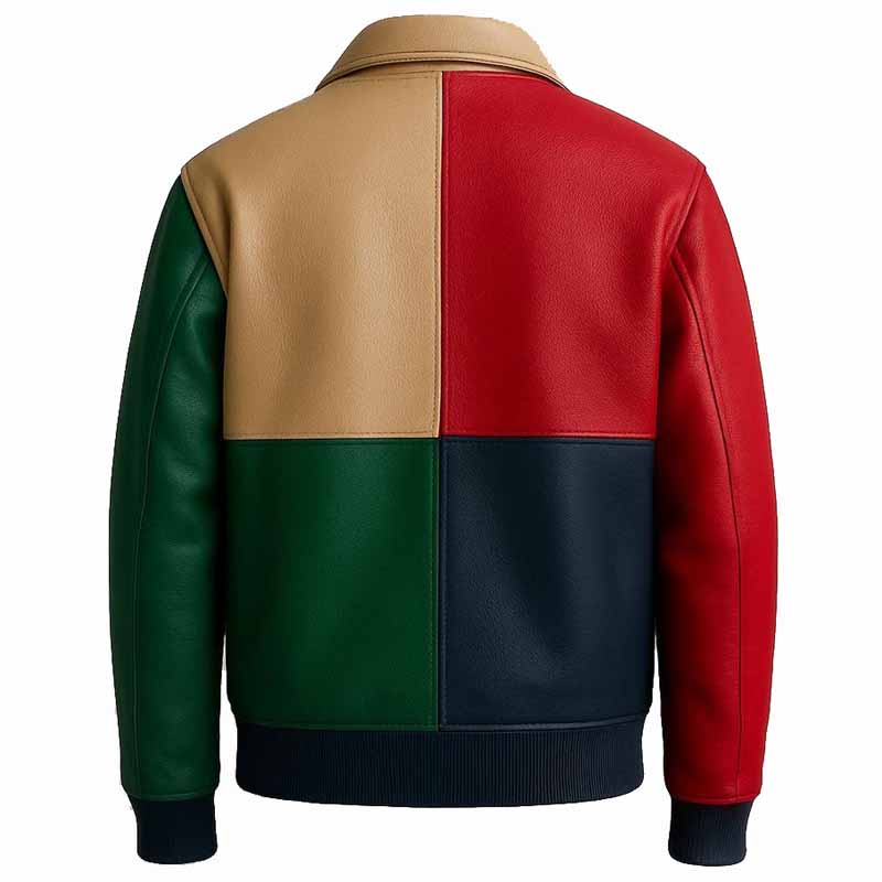 Men Multi Color Sheep Leather Bomber Jacket with Handmade Retro Patchwork Design
