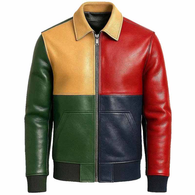 Men Multi Color Sheep Leather Bomber Jacket with Handmade Retro Patchwork Design