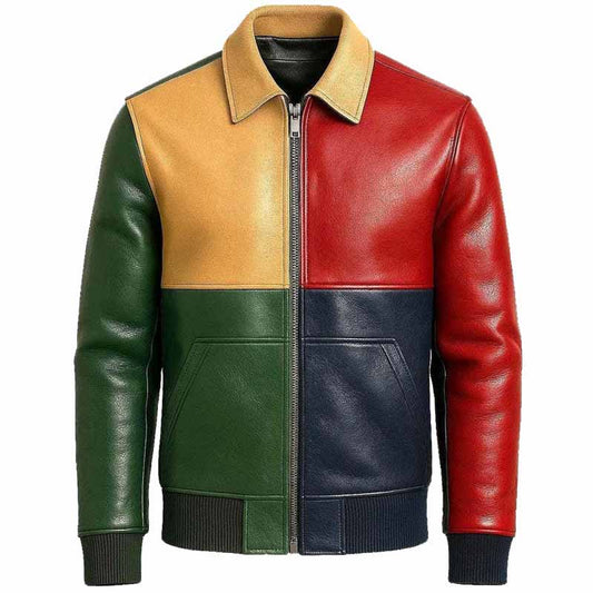 Men Multi Color Sheep Leather Bomber Jacket with Handmade Retro Patchwork Design - 3amoto shop