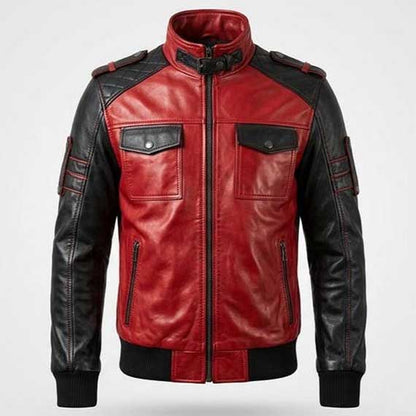Front view of men red and black cafe racer leather jacket with zip closure
