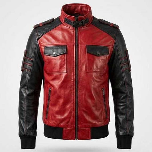 Front view of men red and black cafe racer leather jacket with zip closure - 3amoto shop