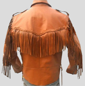 Men Tan Western Style Leather Jacket - Cowboy Fringe Jacket