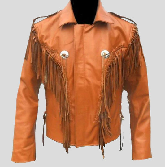 Men Tan Western Style Leather Jacket - Cowboy Fringe Jacket - Fashion Leather Jackets USA - 3AMOTO