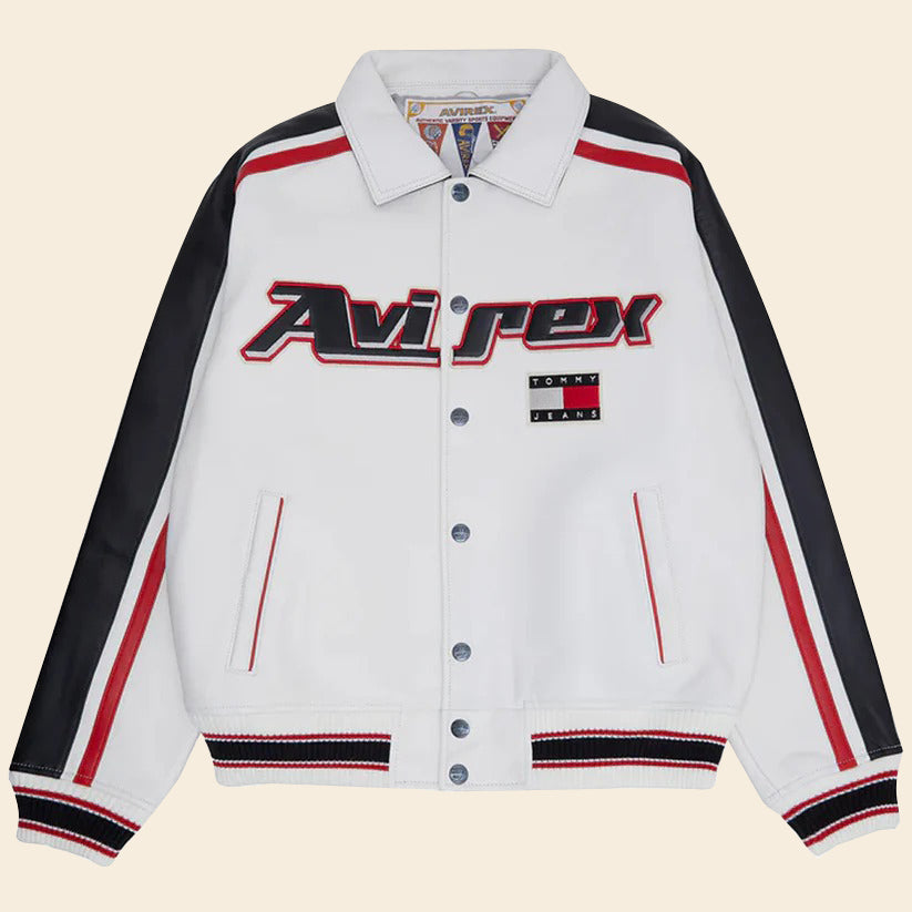 White Bomber Leather Jacket - Tommy Jeans Avirex Leather Jacket
