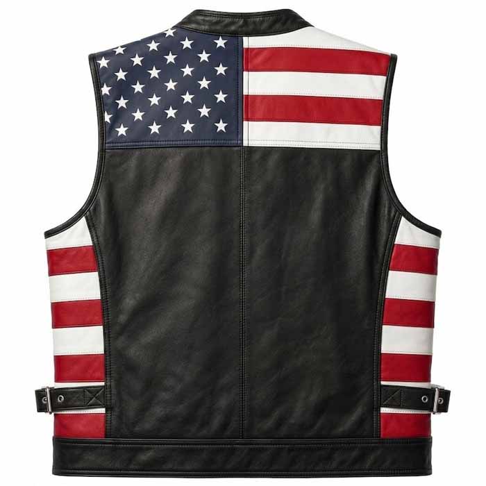 Men's American Flag Genuine Leather Biker Vest with Adjustable Side Straps