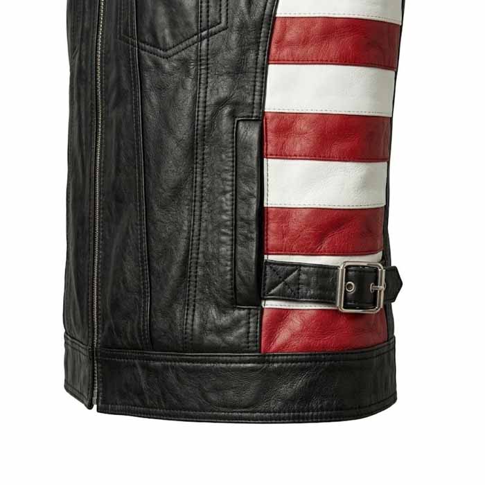 Men's American Flag Genuine Leather Biker Vest with Adjustable Side Straps