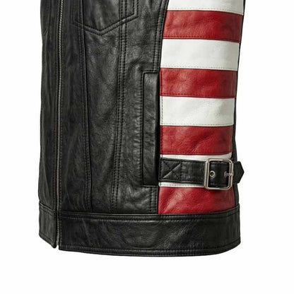 Men's American Flag Genuine Leather Biker Vest with Adjustable Side Straps