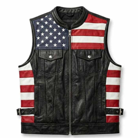 Men's American Flag Genuine Leather Biker Vest with Adjustable Side Straps - 3amoto shop
