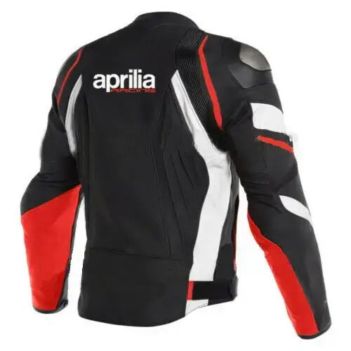 Black cowhide Aprilia motorcycle jacket with racing graphics