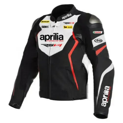 Men’s Aprilia Racing leather bike jacket front view