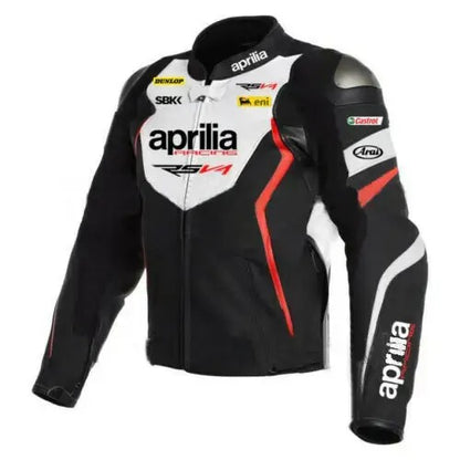Men’s Aprilia Racing leather bike jacket front view