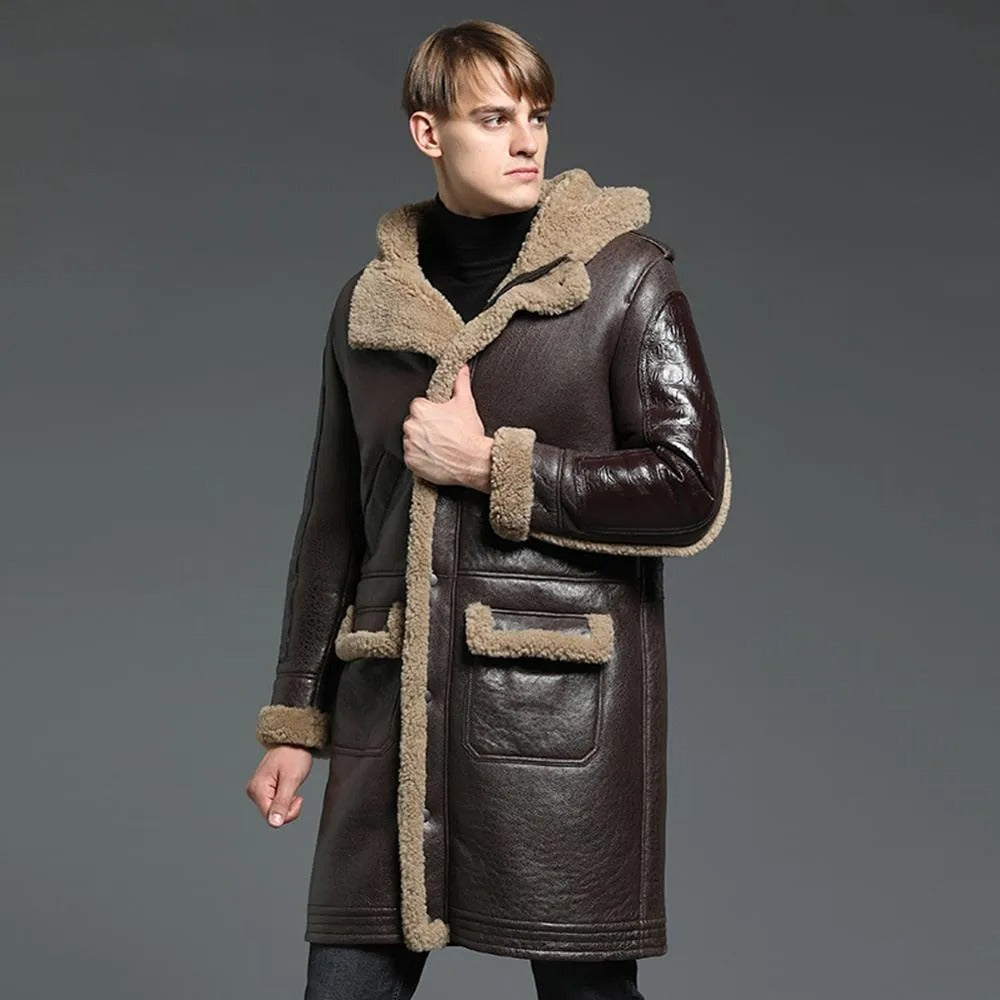 Men's B3 Shearling Jacket - Winter Leather Long Thick Coat