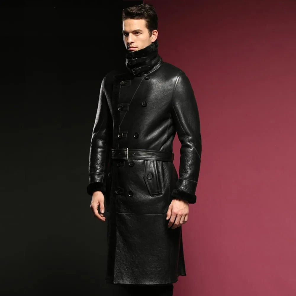 Men's Black Shearling Fur Leather Trench Coat with Hood