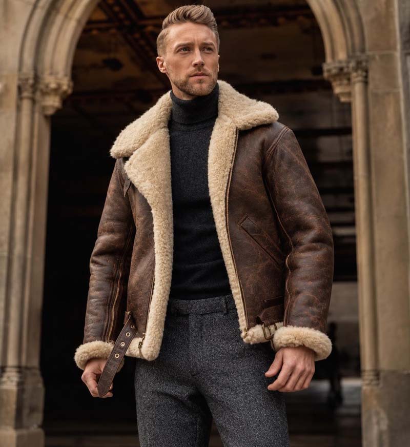 Men's B3 sheepskin leather aviator jacket with faux shearling lining