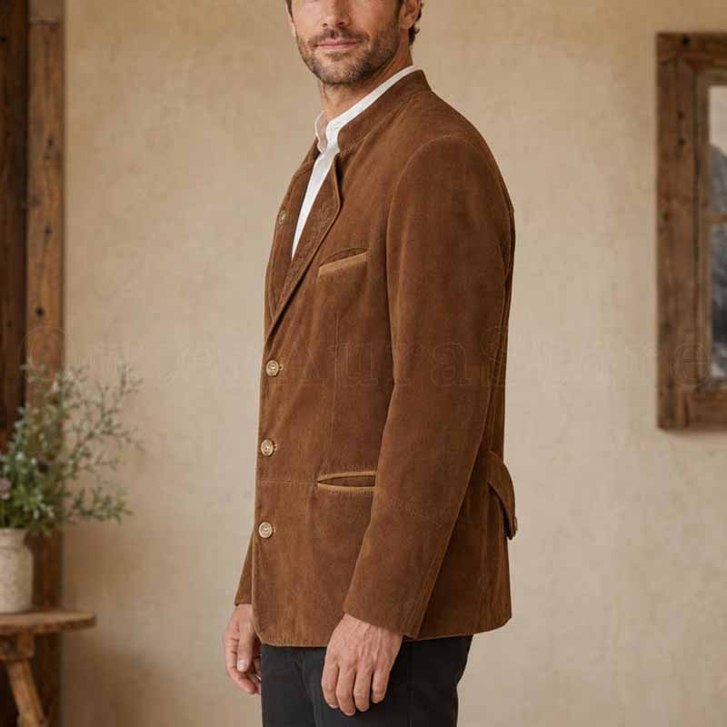 Brown Trachten leather jacket with horn-style buttons and Alpine detailing