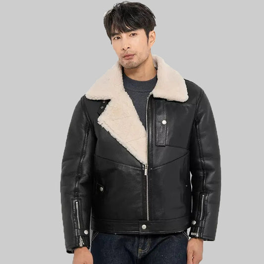 Men's Black Aviator Sheepskin Shearling Jacket - Warm Winter Coat - 3amoto shop