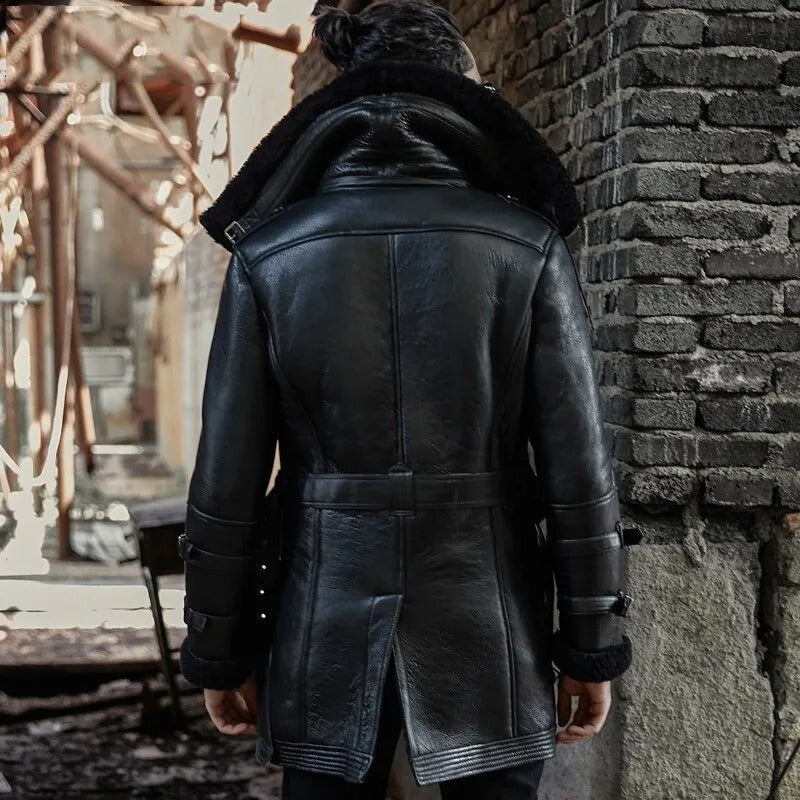 Men's Black Shearling Fur Leather Trench Coat with Hood