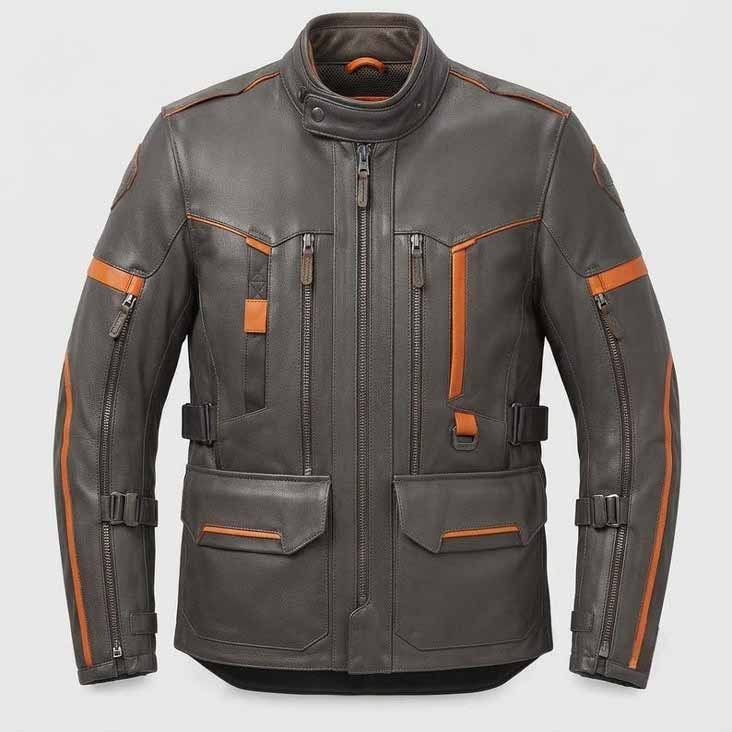 Men's Black Brown Genuine Leather Adventure Motorcycle Jacket with Touring Style