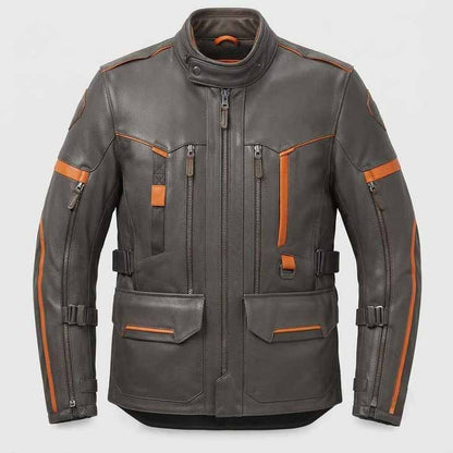 Men's Black Brown Genuine Leather Adventure Motorcycle Jacket with Touring Style