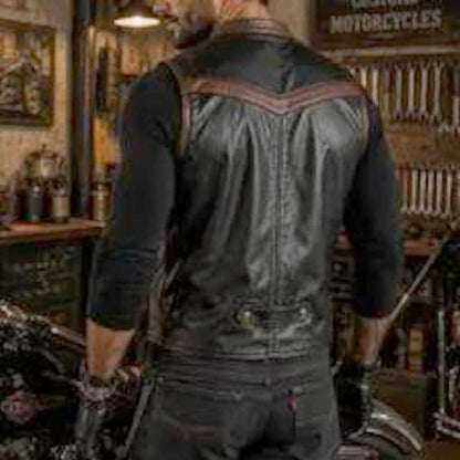Two-tone black brown café racer leather waistcoat for men