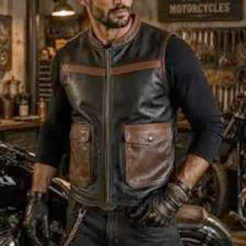 Men's black and brown genuine leather biker vest front view