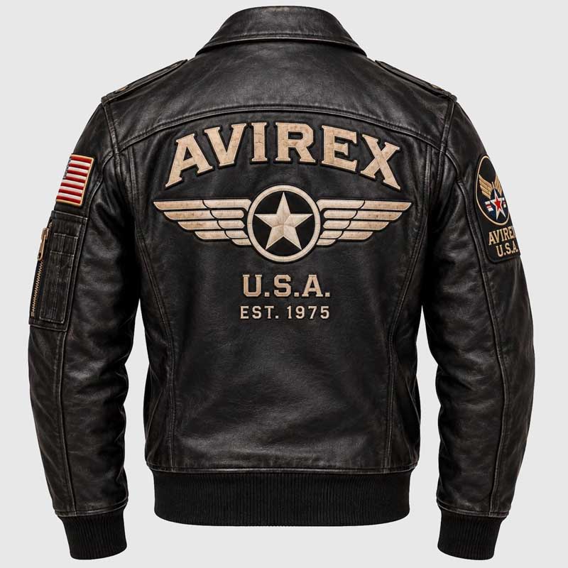 Black leather flight jacket featuring a large embroidered winged star on the back.
