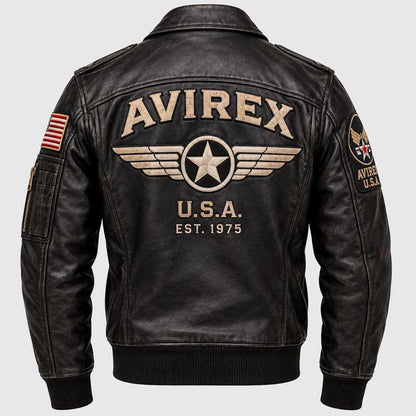 Black leather flight jacket featuring a large embroidered winged star on the back.