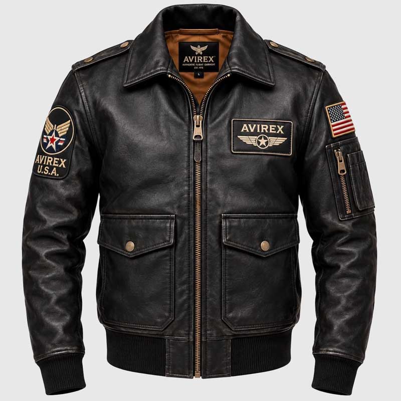 Men's black cowhide leather aviator bomber jacket with cream-colored embroidery.
