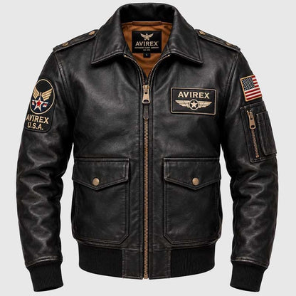 Men's black cowhide leather aviator bomber jacket with cream-colored embroidery.