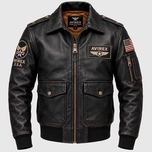 Men's black cowhide leather aviator bomber jacket with cream-colored embroidery. - 3amoto shop