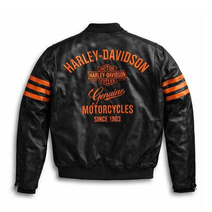 black leather bomber jacket with orange sleeve stripes and ribbed cuffs.