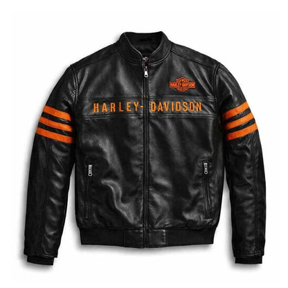 Men’s black cowhide leather bomber jacket with orange racing stripes.