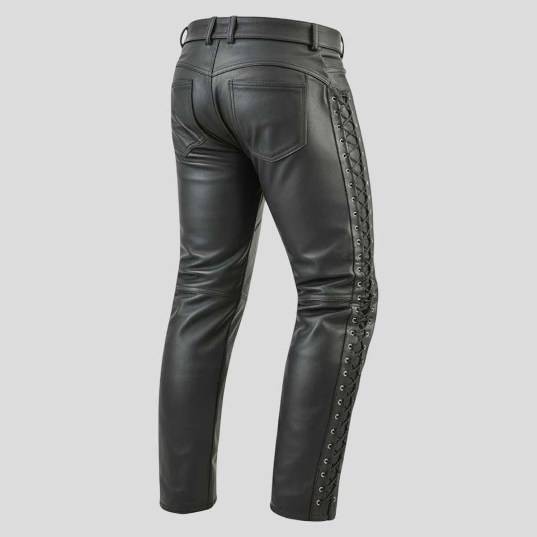 Men’s Black Cowhide Leather Pants Slim Fit Gothic Lace Up