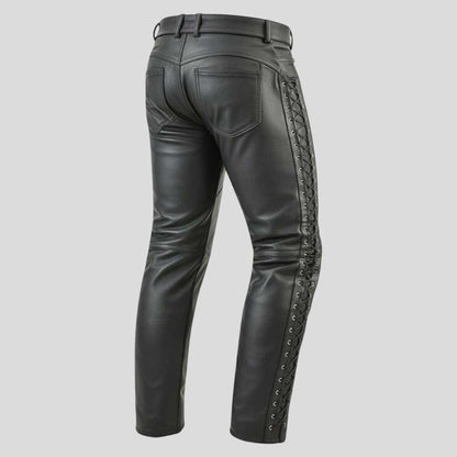 Men’s Black Cowhide Leather Pants Slim Fit Gothic Lace Up
