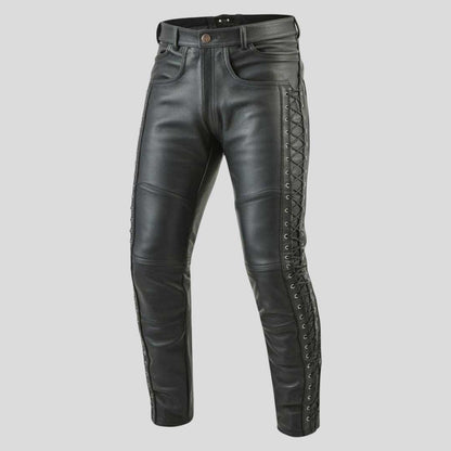 Men’s Black Cowhide Leather Pants Slim Fit Gothic Lace Up
