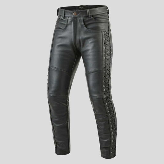 Men’s Black Cowhide Leather Pants Slim Fit Gothic Lace Up - 3amoto shop
