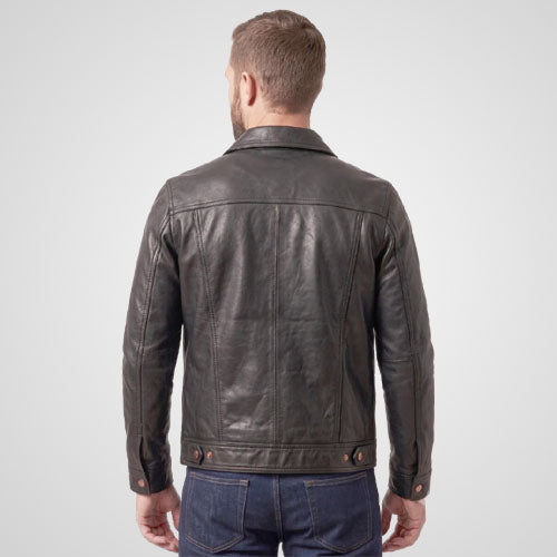 black leather trucker jacket with snap closure