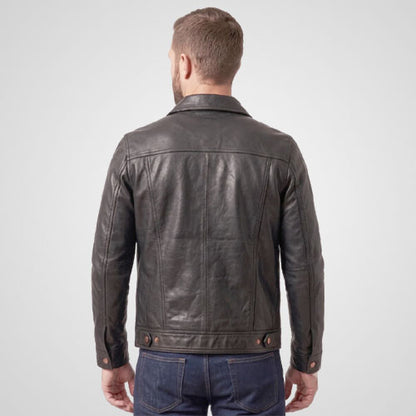 black leather trucker jacket with snap closure