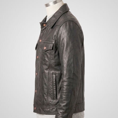 Black leather trucker jacket with flap chest pockets