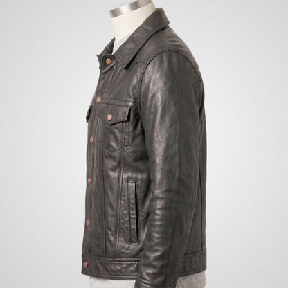 Black leather trucker jacket with flap chest pockets