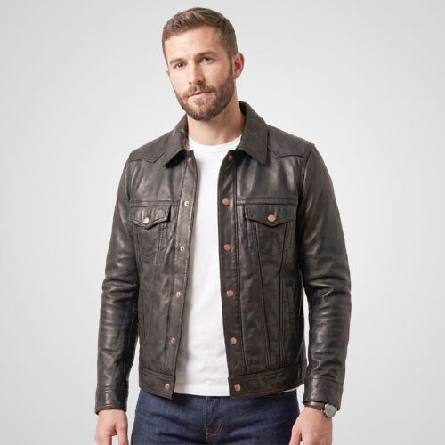 Men’s black genuine cowhide leather trucker jacket