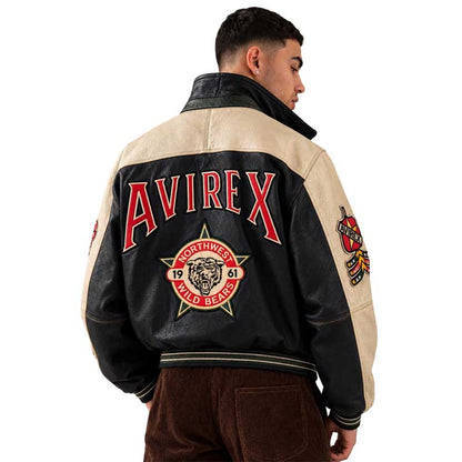 black varsity jacket with contrasting cream sleeves
