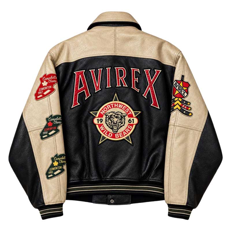 men’s black and cream varsity jacket with large lettering