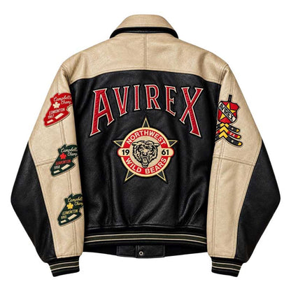 men’s black and cream varsity jacket with large lettering