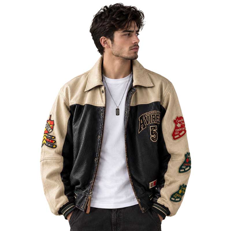 Men’s black and cream varsity bomber jacket with retro graphic detailing
